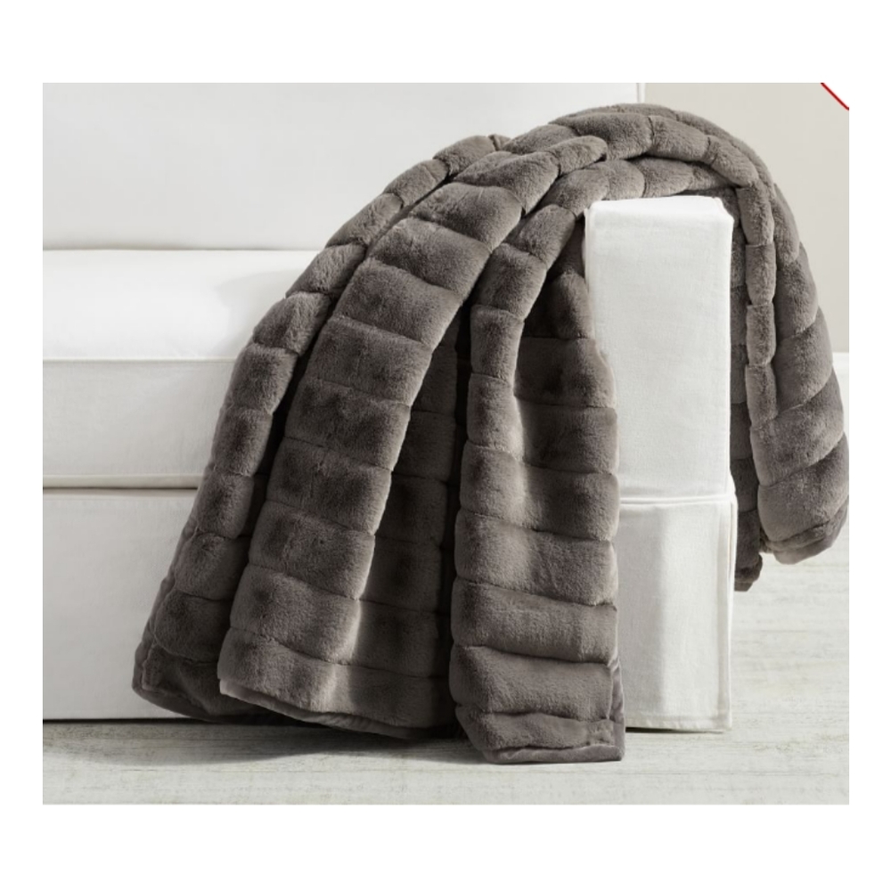 Pottery barn faux fur channel throw blanket nickel grey